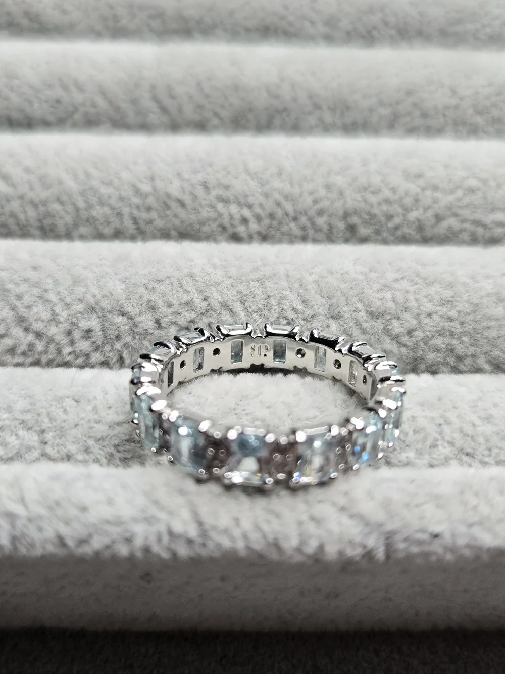 Size 8 Aquamarine Cubic Zirconia Rhodium Plated Bomb Party Ring